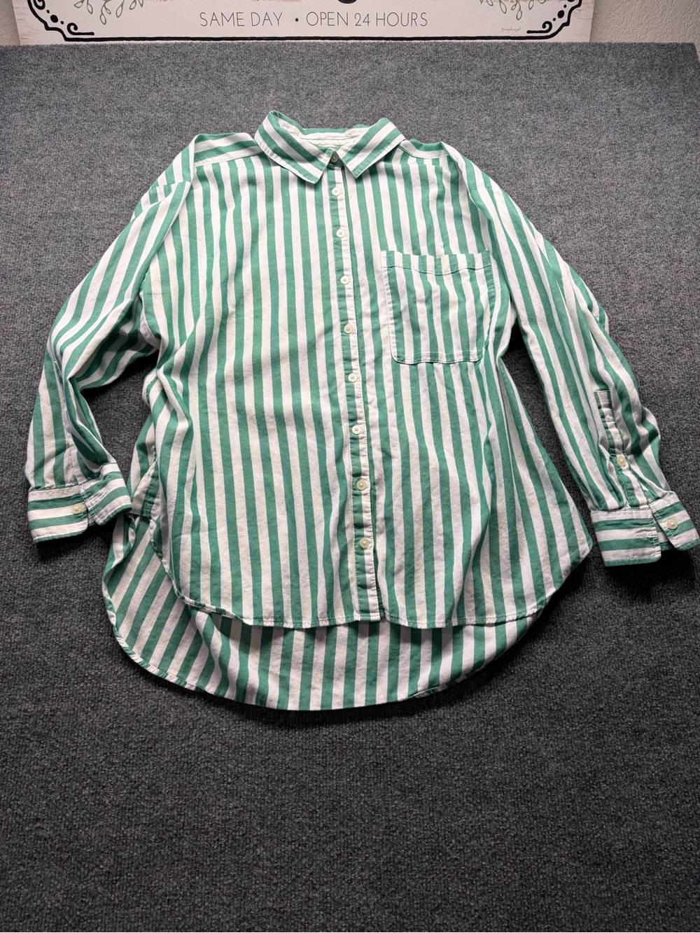 LOFT Green and White Vertical Stripe Button-Down Shirt